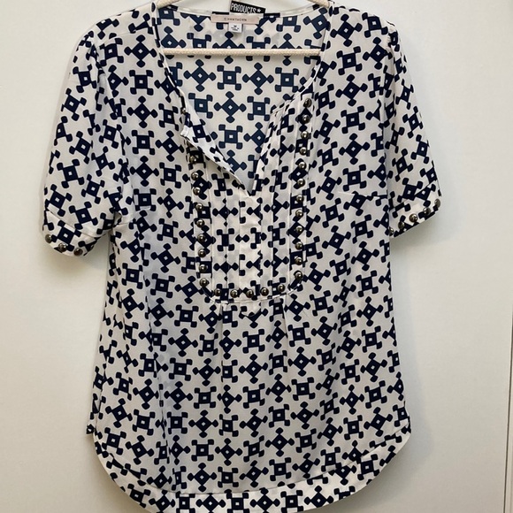 41 Hawthorn Tops - 41 Hawthorn Popover V-neck Short Sleeve Blouse White and Navy Size M